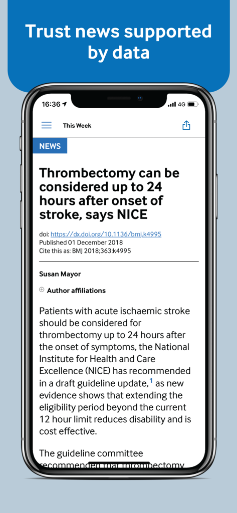 The BMJ - A smartphone screen displaying a medical news article about stroke treatment guidelines on The BMJ app.