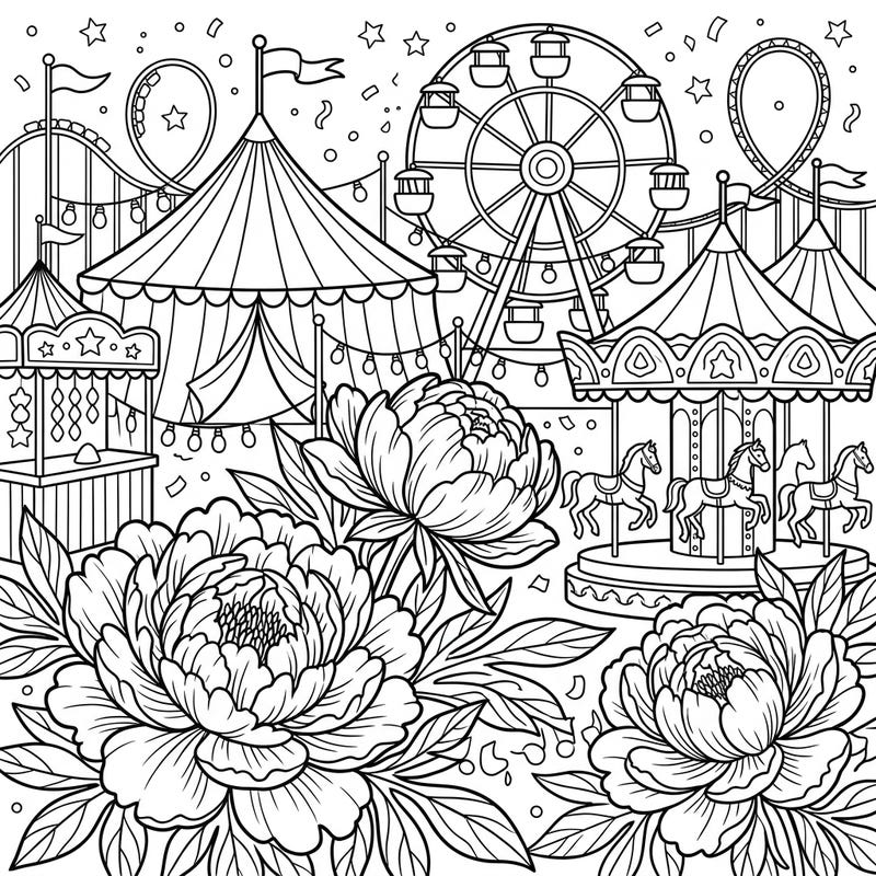 Step right up to a magical blend of nature and festivity with our White Peonies at the Carnival coloring page. This intricate design invites you to bring a bustling fairground and elegant blossoms to life with your favorite colors.