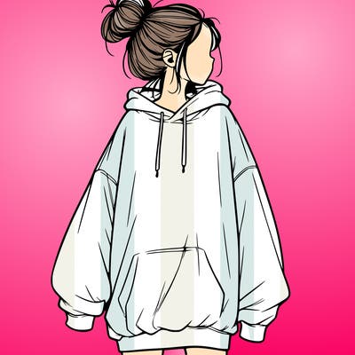 realistic girl with a oversized sweatshirt on and a bun
