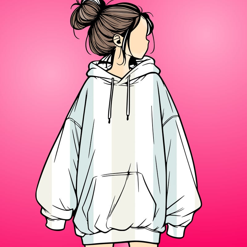 realistic girl with a oversized sweatshirt on and a bun