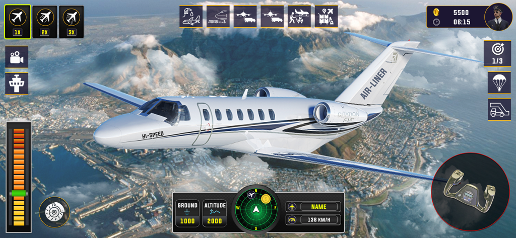 Pilot Airplane Simulator Games - Captura de pantalla del juego de un jet privado volando sobre una ciudad costera en Pilot Airplane Simulator Games