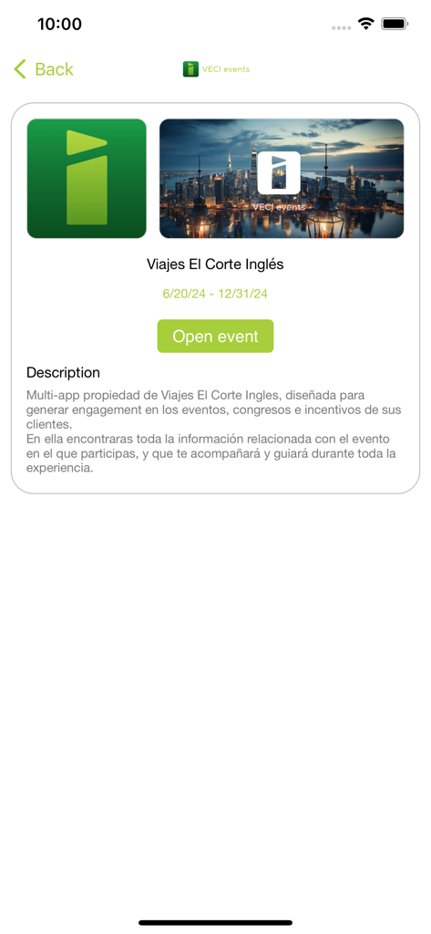 Tela de resumo e descrição do evento no aplicativo Viajes El Corte Inglés