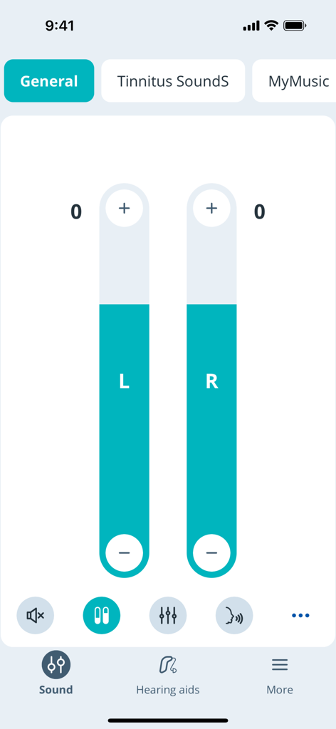 KINDconnect - Oberfläche der KINDconnect-App mit unabhängigen Lautstärkereglern für das linke und rechte Hörgerät sowie Optionen für Klangprogramme