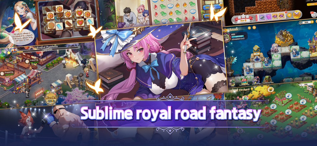 Girl Wars - A collage showing Girl Wars anime characters and various mini games like puzzles and farming