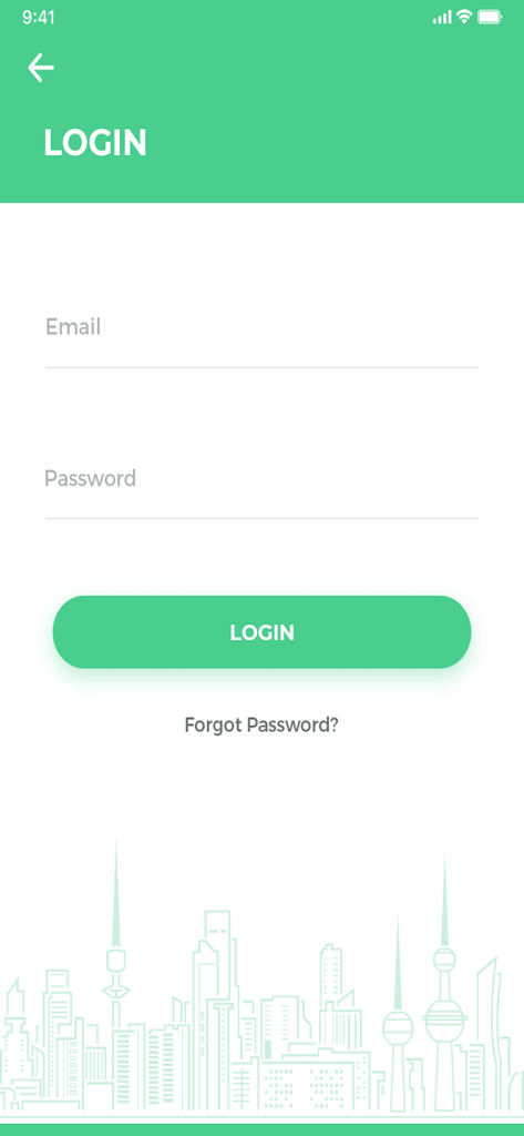 Quick Delivery App Login-Bildschirm mit E-Mail- und Passwortfeldern auf grün-weißem Hintergrund mit Stadtsilhouetten-Illustration