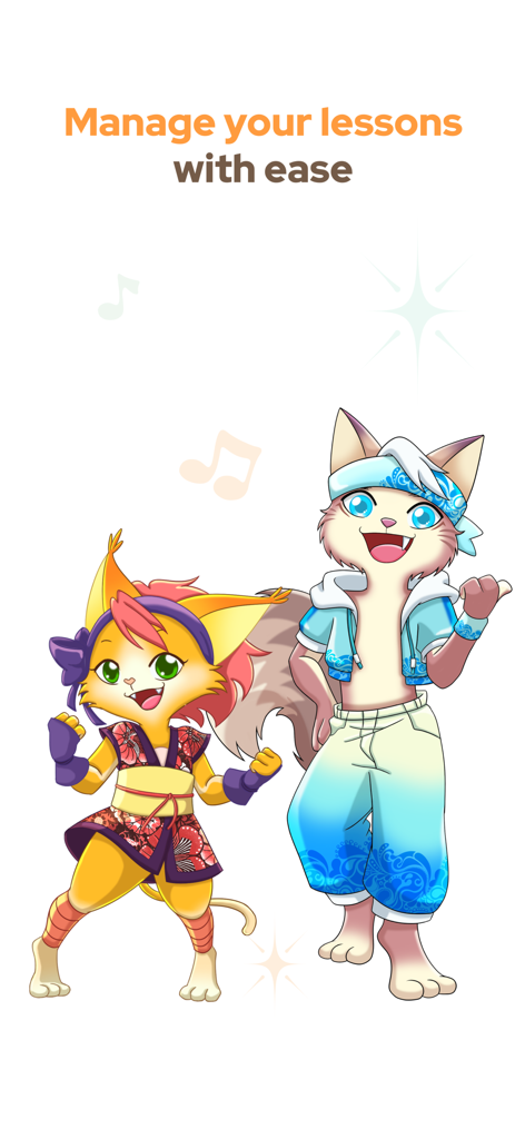 Two cartoon cat characters with the text Manage your lessons with ease