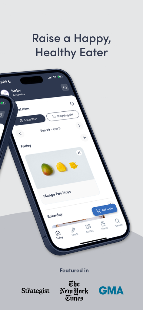 Capture d'écran de l'application Solid Starts montrant un plan de repas pour bébé introduisant la mangue et des logos de presse.