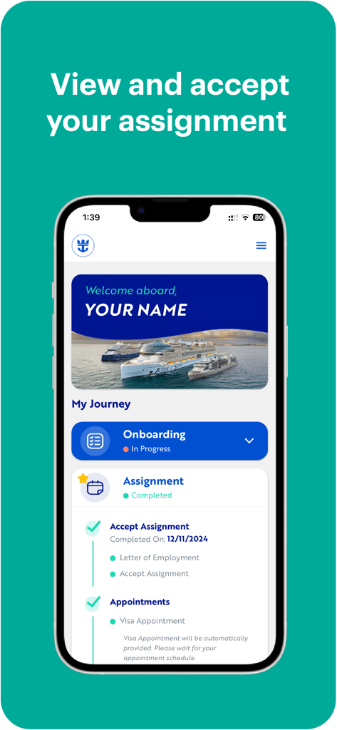 MyRCL app interface showing cruise crew onboarding journey and assignment status