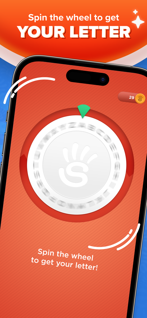 Stop - Categories Word Game - ストップカテゴリー単語ゲームの文字回転ホイールが表示されたモバイル画面。