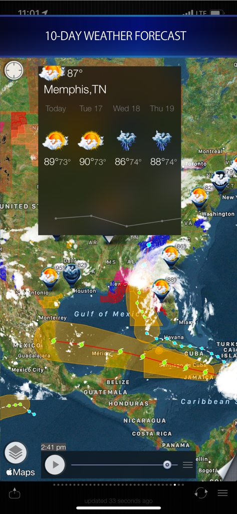 Cyclone - hurricane tracker - Mapa de satélite mostrando caminhos de furacões e previsão do tempo de 10 dias.