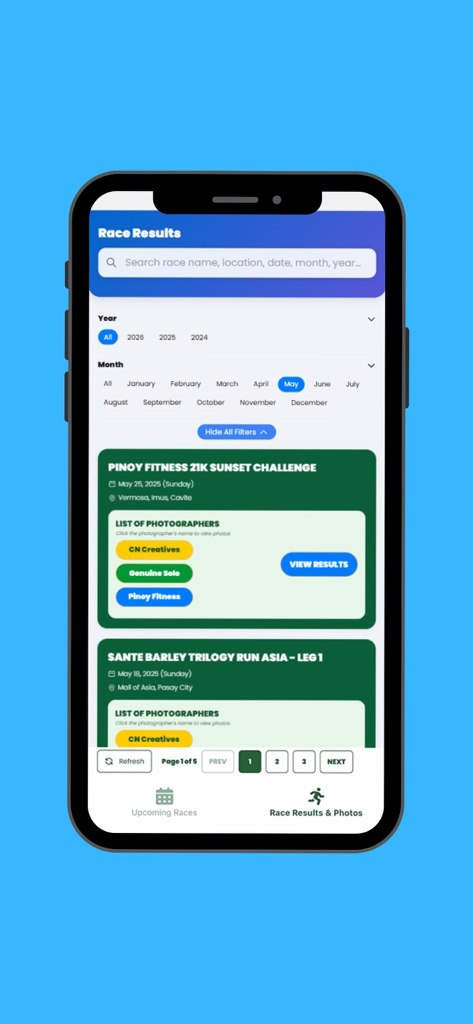 PixHero app interface showing the race results page with search filters and a list of event photographers.