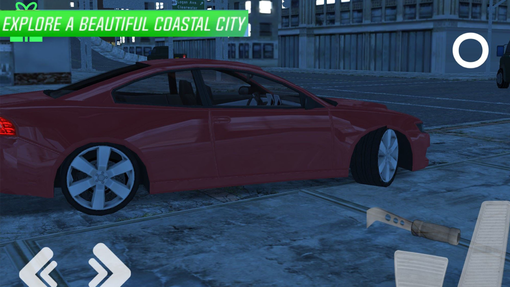 Ultimate Car Driving - A red sports car driving through a city street in the Ultimate Car Driving mobile simulator game