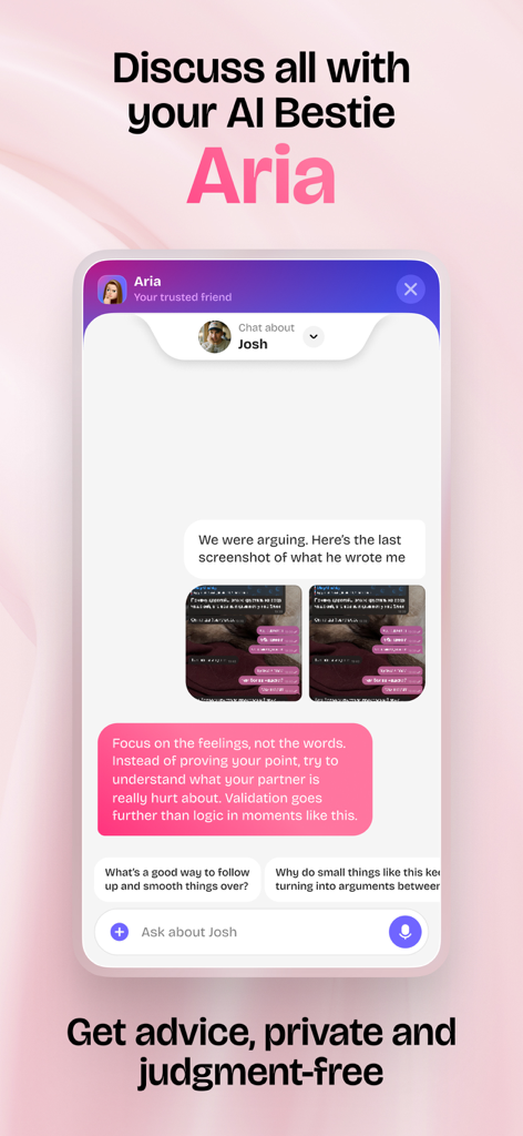 Chatting with AI coach Aria for private relationship advice in the RedFlag app