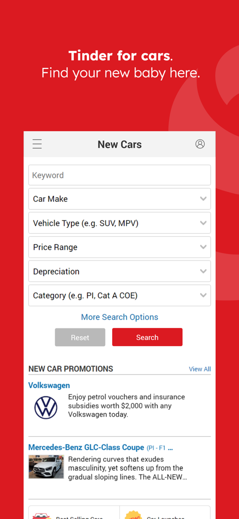 Sgcarmart - Sgcarmart app search screen for new cars with filters and promotions