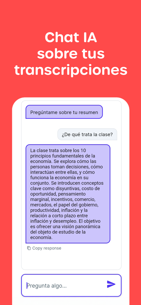Anotamelo - Apuntes con IA - Interfaz de chat con inteligencia artificial de Anotamelo respondiendo preguntas sobre una transcripcion de clase.