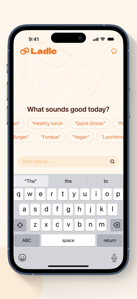 La pantalla de búsqueda de la aplicación Ladle mostrando categorías de recetas como Vegana y Almuerzo Saludable.