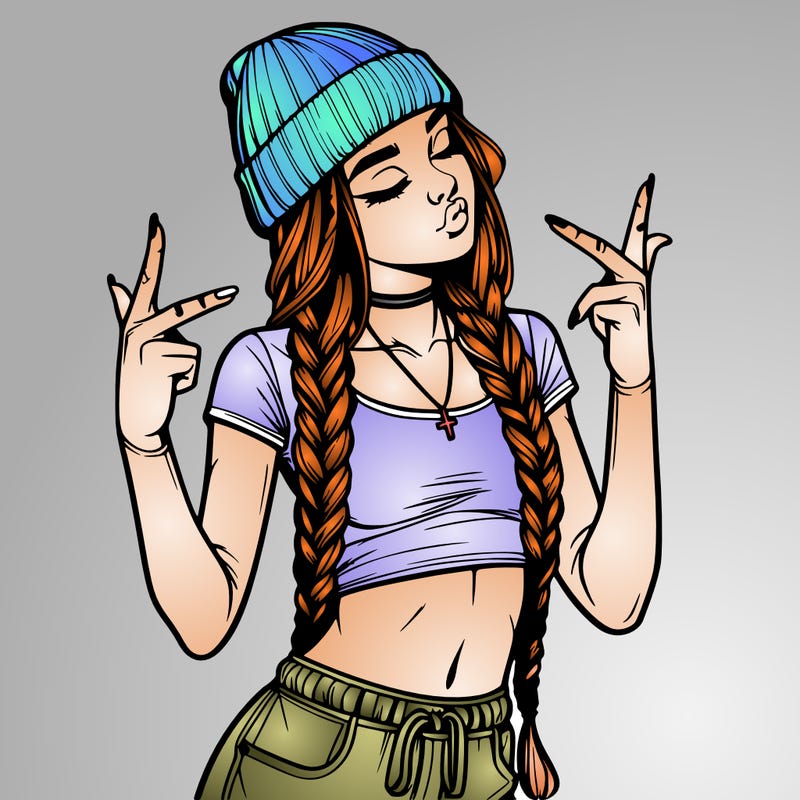 realistic teenage girl with braids and a beanie and crop top doing 🫶🏼