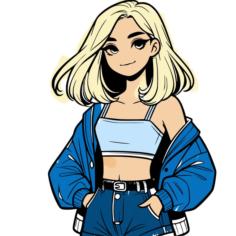 a realistic girl with a crop top and short shorts in an open jacket