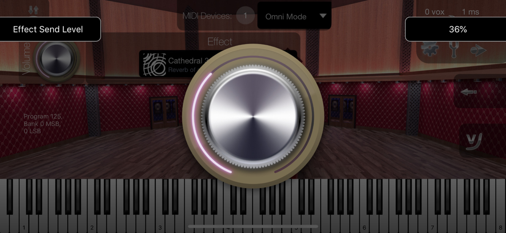 Colossus Piano - Interfaccia di Colossus Piano che mostra una grande manopola metallica per regolare il livello di mandata dell'effetto