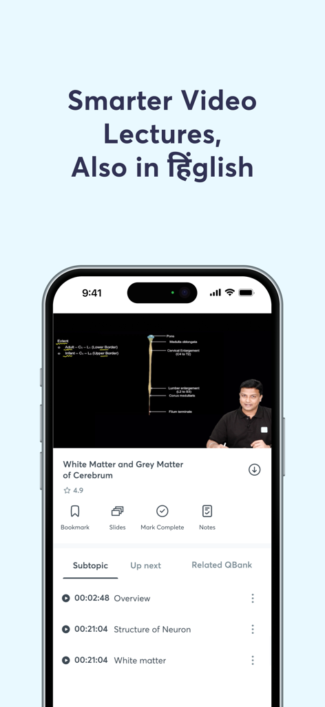 PrepLadder app interface showing a medical video lecture on cerebrum anatomy with Hinglish language support and study subtopics