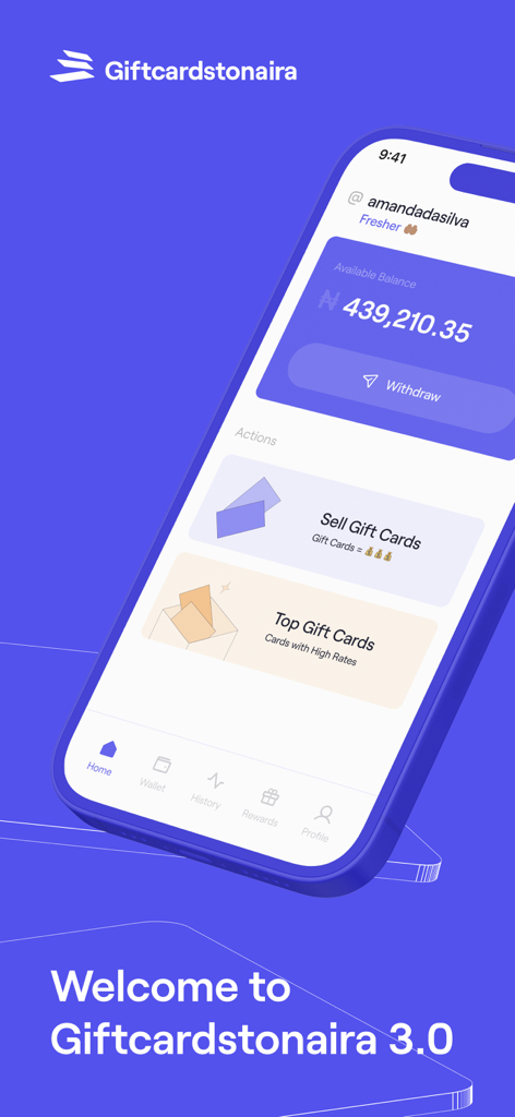GiftCardsToNaira:Sell GiftCard - Giftcardstonaira 3.0 app interface showing available Naira balance and options to sell gift cards