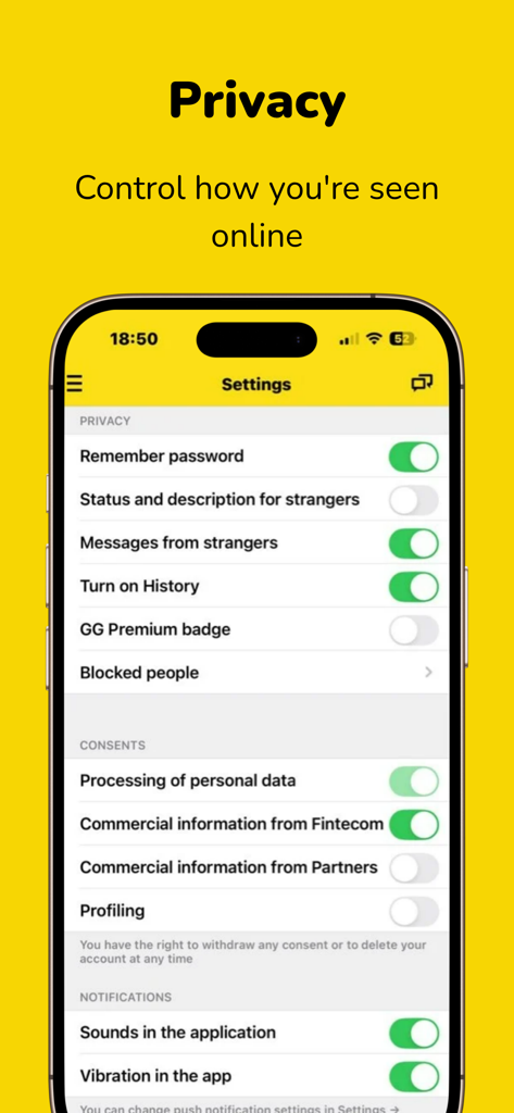 GG - Privacy settings screen of the GG messenger app showing options to control online visibility and data consents