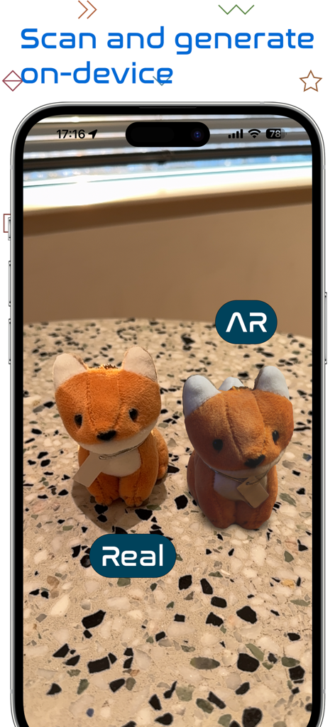 実際のキツネのぬいぐるみとiPhone画面上のそのARデジタルモデルの並列比較。