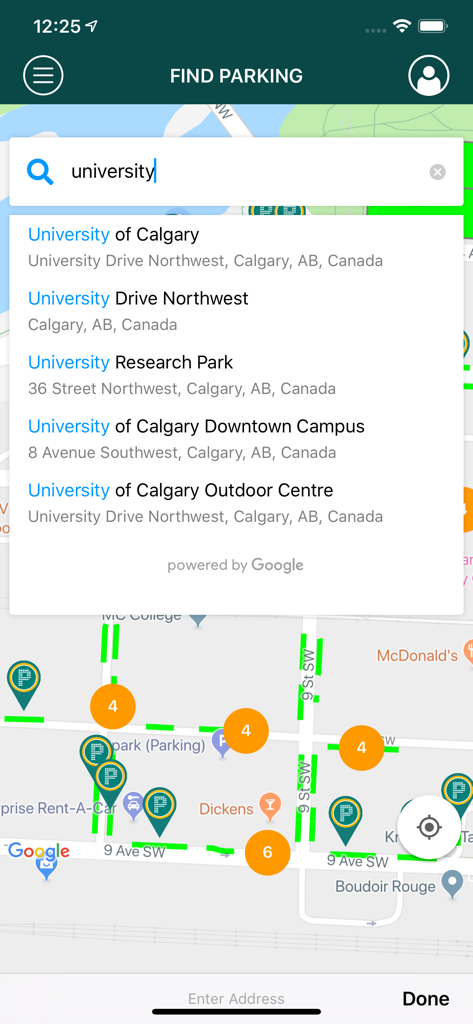 MyParking - MyParking app search screen showing parking locations near the University of Calgary on a map.