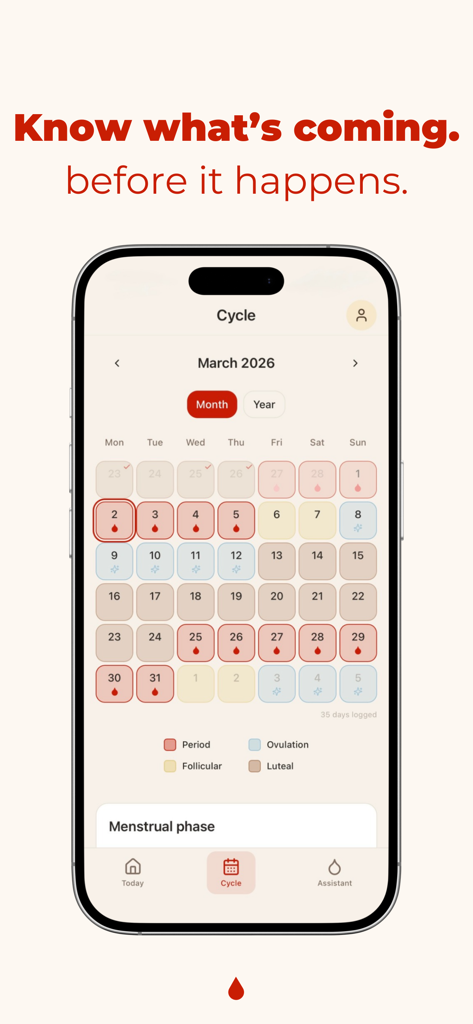 Monthly calendar view in the PERIOD app showing menstrual cycle phases