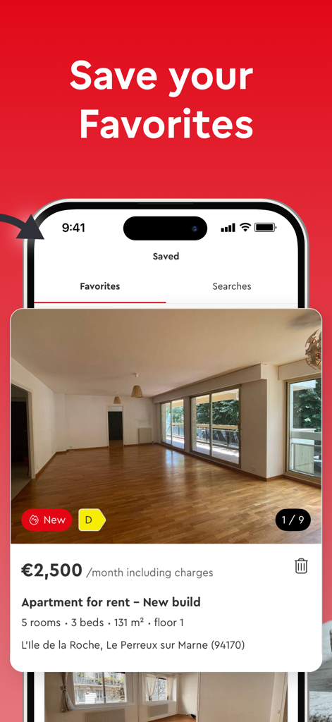 SeLoger – Real Estates France - SeLoger app screenshot showing a saved apartment rental listing in France with price and property details
