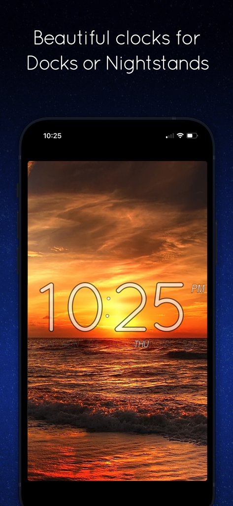 Sleep Machine - Relógio digital com um fundo de praia ao pôr do sol em uma tela de smartphone.