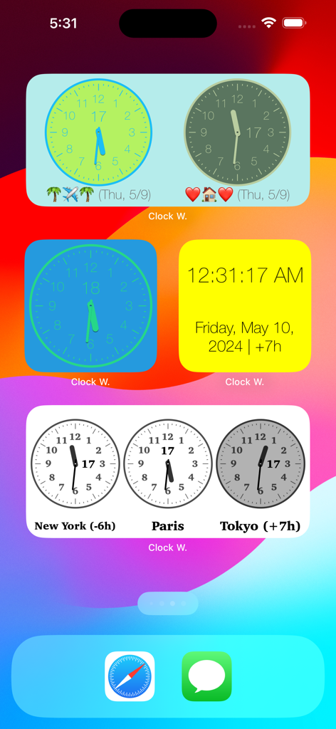 Clock Widget - iPhone-Startbildschirm, der verschiedene analoge und digitale Weltzeituhr-Widgets für verschiedene Zeitzonen anzeigt