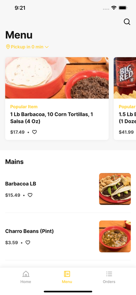 Rios Barbacoa Helotes TX - A tela de menu do aplicativo Rios Barbacoa Helotes mostrando itens populares como barbacoa por quilo e feijão charro