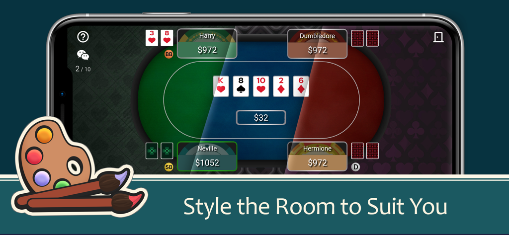 Poker Friends - Online Game - Online poker game interface with customizable table styles and themes