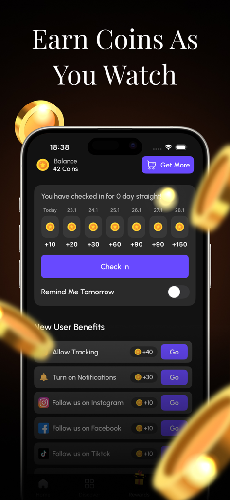 Drama Prime: Short Movies & TV - Interface do aplicativo Drama Prime mostrando recompensas de check-in diário e tarefas para ganhar moedas virtuais