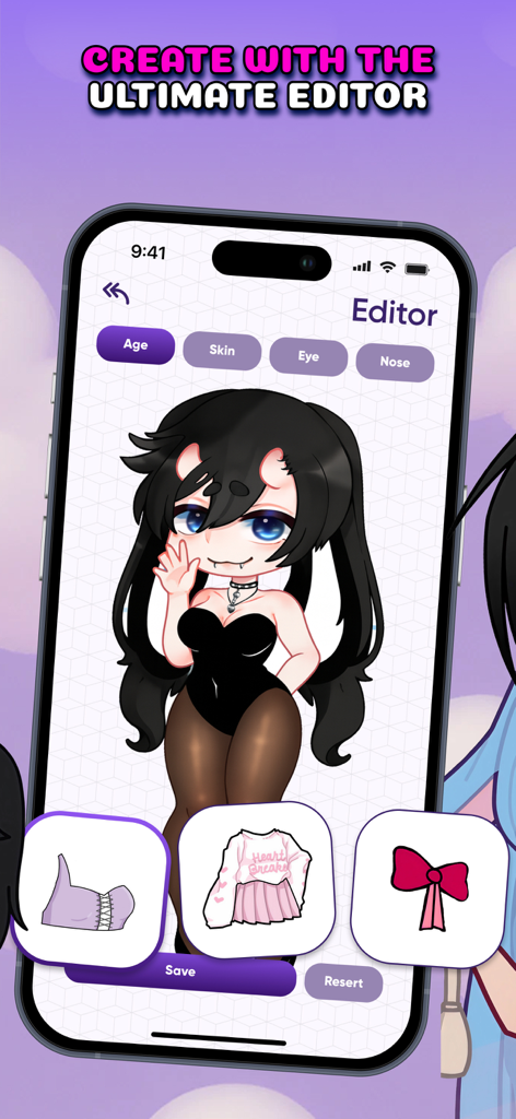 Gacha character editor interface on a mobile phone displaying an anime avatar with customization options.