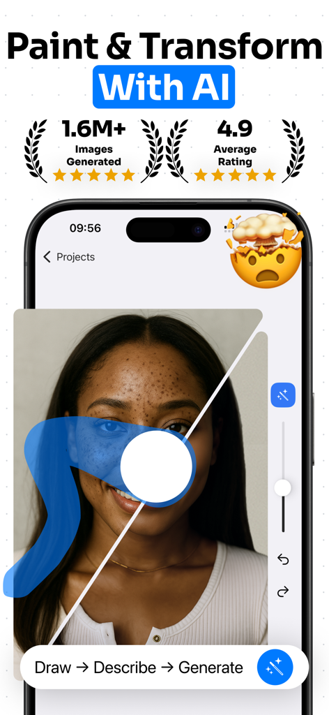 Drostudio: AI Photo Editor - Drostudio AI Photo Editor app interface showing generative AI editing on a portrait with paint and transform features.