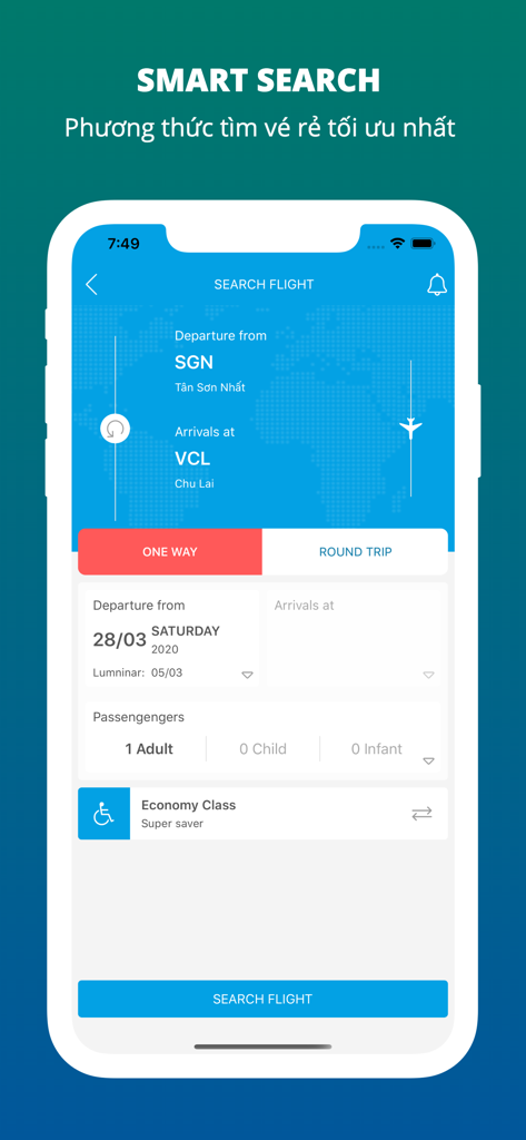Săn Vé Máy Bay Giá Rẻ 12Bay.vn - 出発地と到着地のオプションを備えた12Bayアプリのフライト検索インターフェースを表示するモバイル画面