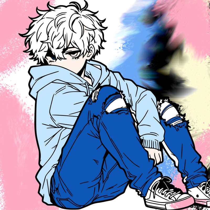 a male hoddie ripped jeans messy hair anime