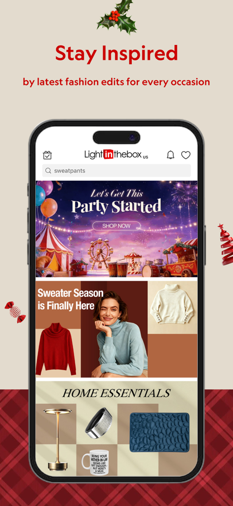 Interfaz de la aplicación LightInTheBox con ediciones de moda para cada ocasión.