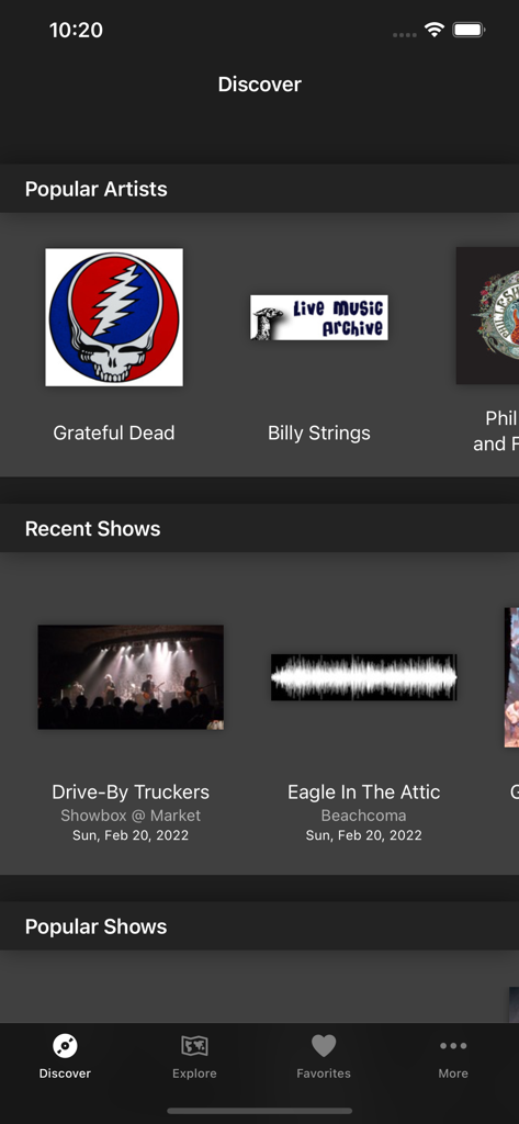 Live Music Archive - Discover screen of the Live Music Archive app showing popular artists and recent live shows