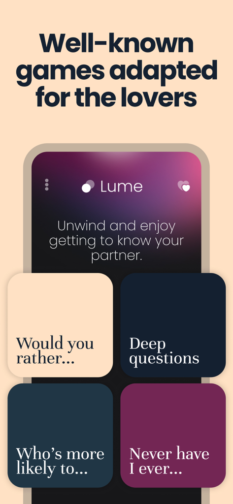Valentines Day Games for Two - Lume app interface showing various relationship games for couples such as Would You Rather and Deep Questions.