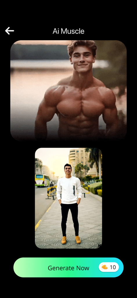 Ai Kiss Video Maker : Picfy - Un écran de l'application Picfy montrant la fonction AI Muscle qui transforme un portrait standard en une silhouette musclée.