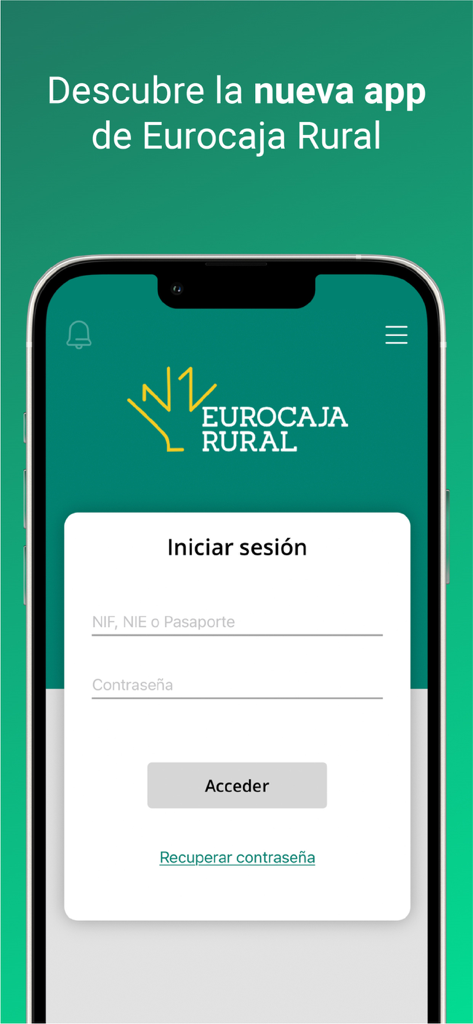 Tela de login do aplicativo de mobile banking Eurocaja Rural em um smartphone, mostrando campos para identificação e senha.