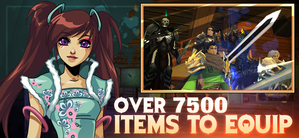 AdventureQuest 3D characters showcasing diverse armor sets and over 7500 equippable items