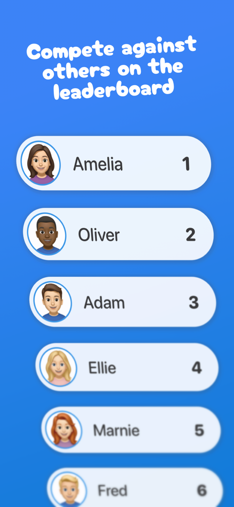 Typr - A mobile app leaderboard showing ranked players with avatars and their positions from one to six.