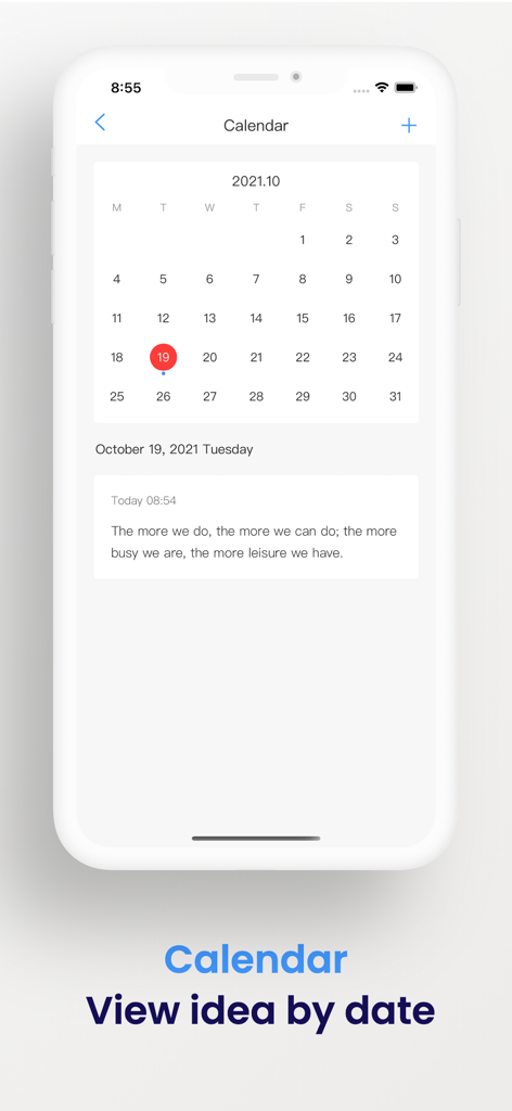An Idea - Keep track of ideas - Minimalist calendar interface of the An Idea app showing a recorded thought for a specific date.