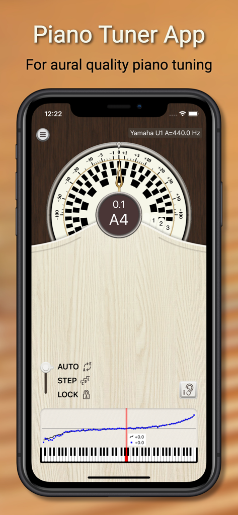 PianoMeter app interface showing a strobe tuner and a custom piano tuning curve.