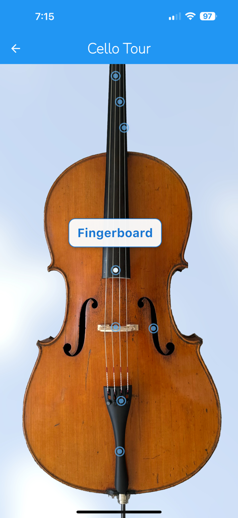String Note Tutor - La aplicación String Note Tutor muestra un recorrido interactivo del violonchelo con el diapasón resaltado.