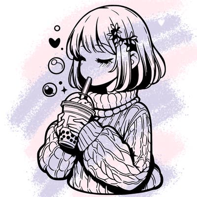 manga girl drinking boba in cozy sweater
